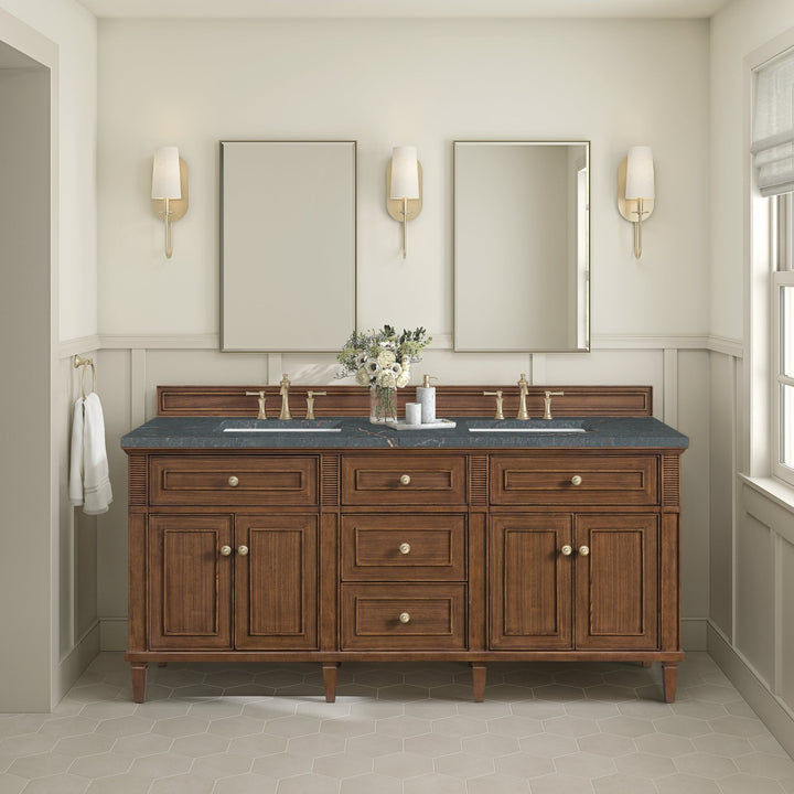 Lorelai 72"Double Vanity, Mid-Century Walnut w/ 3 CM Parisien Bleu Silestone Top