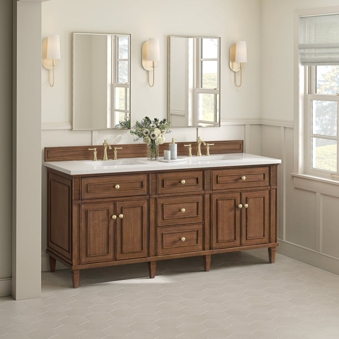 Lorelai 72"Double Vanity, Mid-Century Walnut w/ 3 CM White Zeus Silestone Top