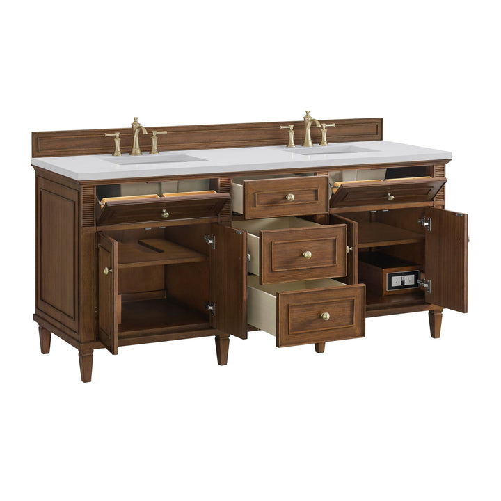 Lorelai 72"Double Vanity, Mid-Century Walnut w/ 3 CM White Zeus Silestone Top