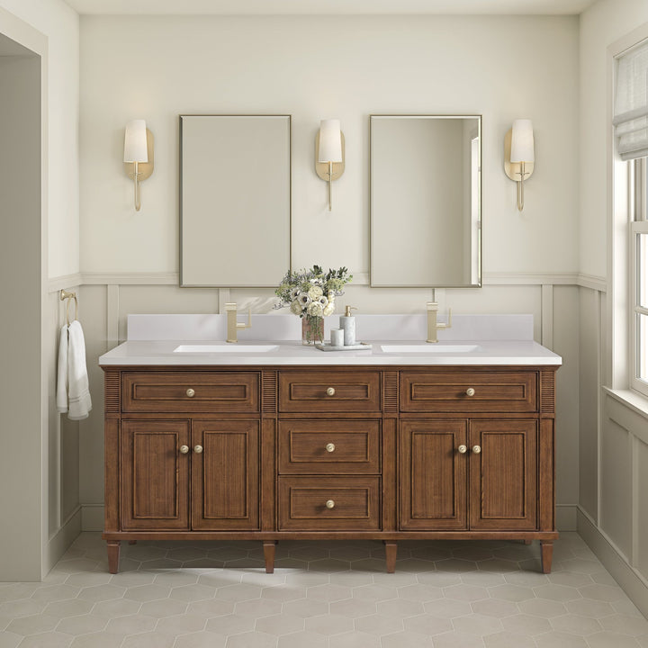 Lorelai 72"Double Vanity, Mid-Century Walnut w/ Single Hole 3 CM White Zeus Silestone Top & Backsplash