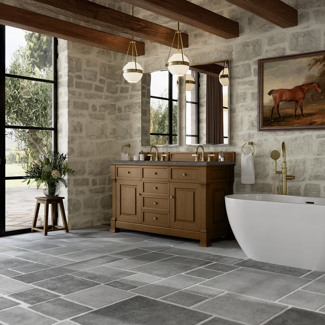 Brookfield 60" Double Vanity, Honey Oak w/ 3 CM Parisien Bleu Silestone® Top w/FreePower Wireless Charger