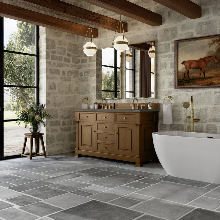 Brookfield 60" Double Vanity, Honey Oak w/ 3 CM Parisien Bleu Silestone® Top w/FreePower Wireless Charger