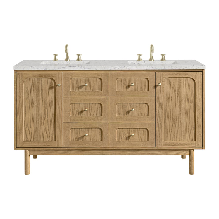 Laurent 60" Double Vanity, Light Natural Oak, w/ 3 CM Eternal Jasmine Pearl Quartz Top