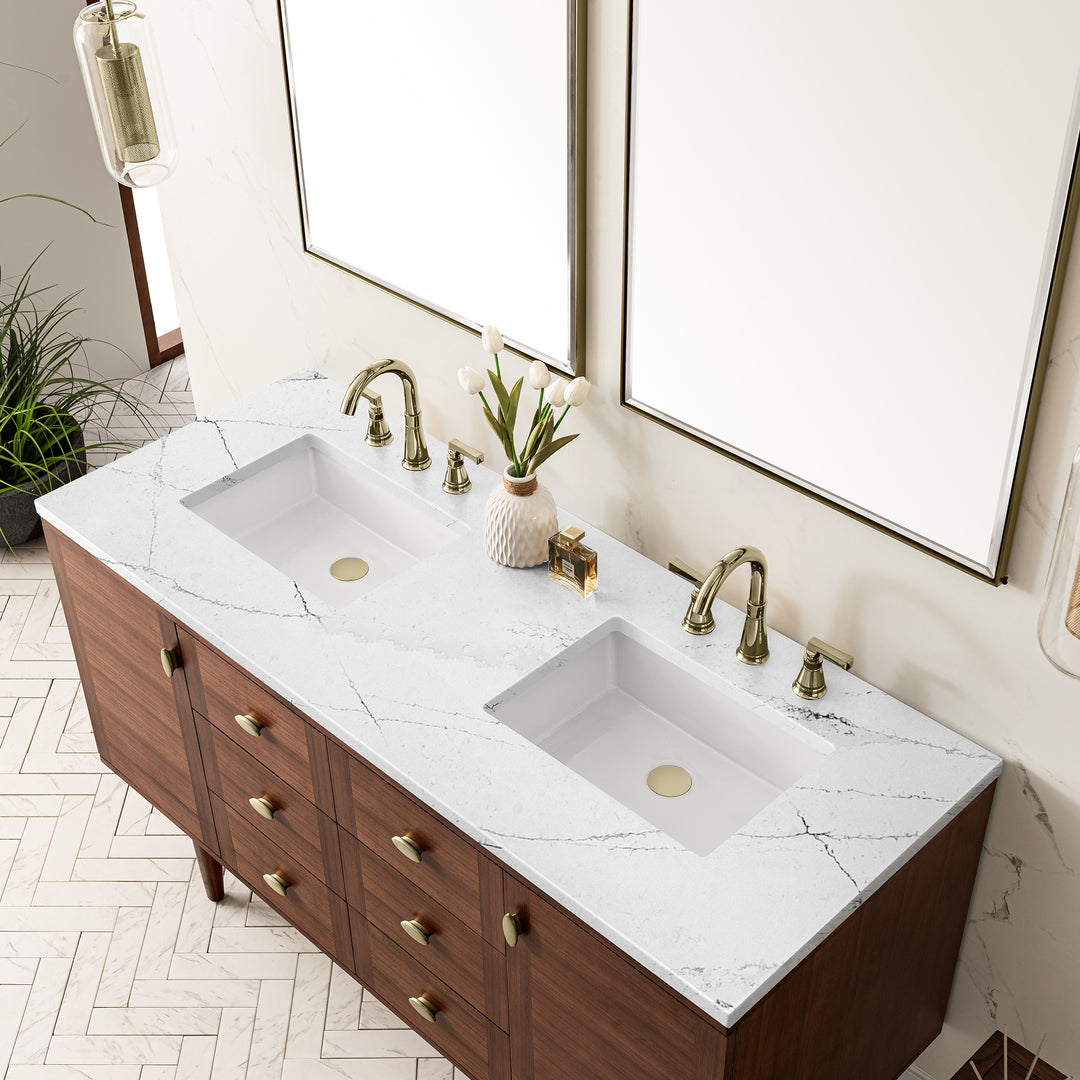 Amberly 60" Double Vanity, Mid-Century Walnut w/ 3 CM Ethereal Noctis Top w/FreePower Wireless Charger