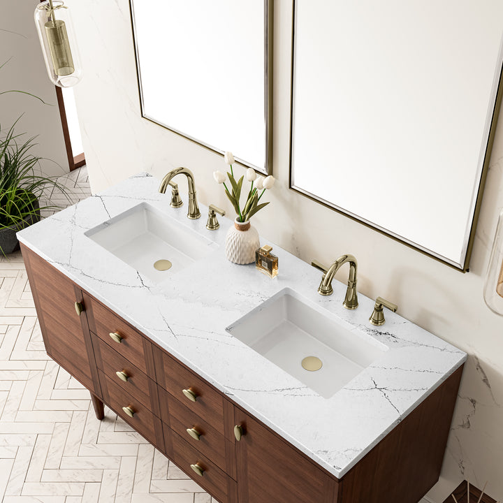 Amberly 60" Double Vanity, Mid-Century Walnut w/ 3 CM Ethereal Noctis Top w/FreePower Wireless Charger