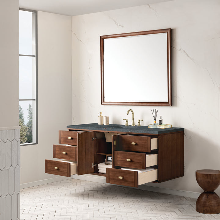Amberly 60" Single Vanity, Mid-Century Walnut w/ 3 CM Parisien Bleu Top w/FreePower Wireless Charger