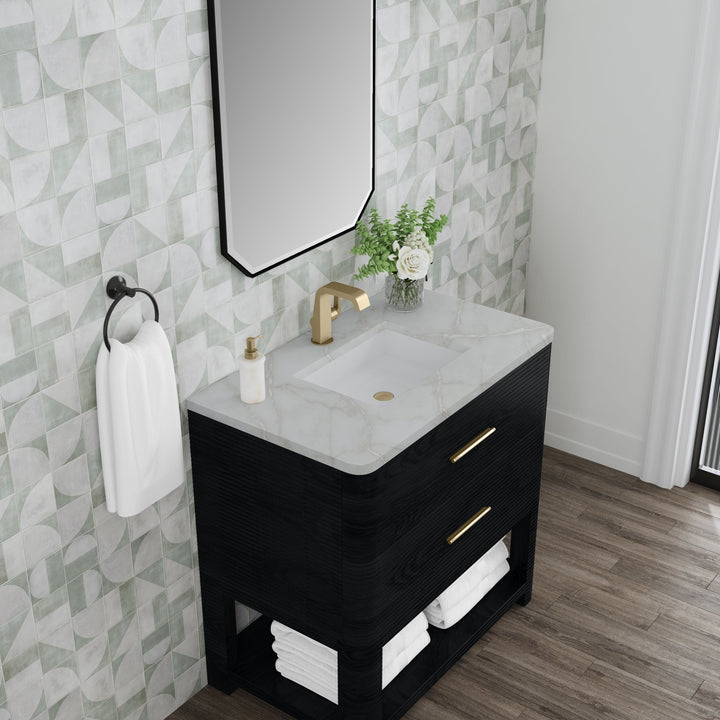 Lucian 36" Single Vanity, Carbon Oak w/ 3 CM Victorian Silver Silestone Top