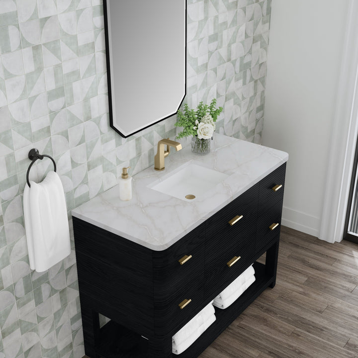 Lucian 48" Single Vanity, Carbon Oak w/ 3 CM Victorian Silver Silestone Top