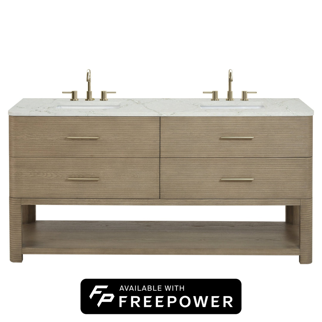Lucian 72" Double Vanity, Pebble Oak w/ 3 CM Victorian Silver Silestone Top w/FreePower Wireless Charger