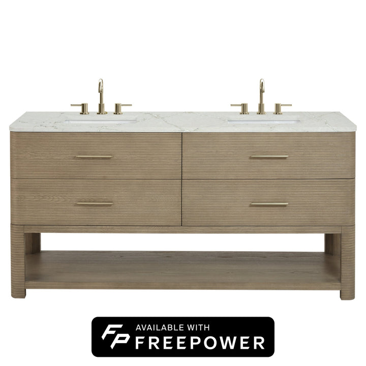 Lucian 72" Double Vanity, Pebble Oak w/ 3 CM Victorian Silver Silestone Top w/FreePower Wireless Charger