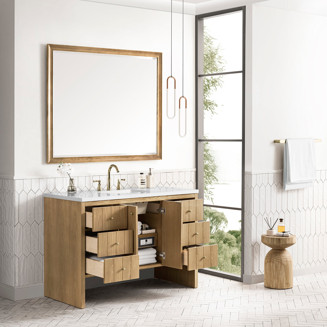 Hudson 48" Single Vanity, Light Natural Oak w/ 3 CM White Zeus Top