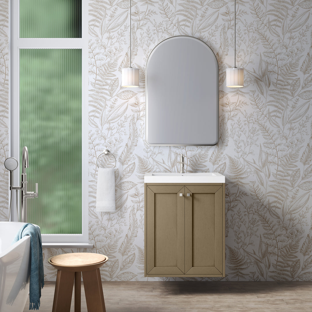 Chianti 24" Single Vanity, Walnut Whisper, Brushed Nickel, w/ White Glossy Composite Stone Top