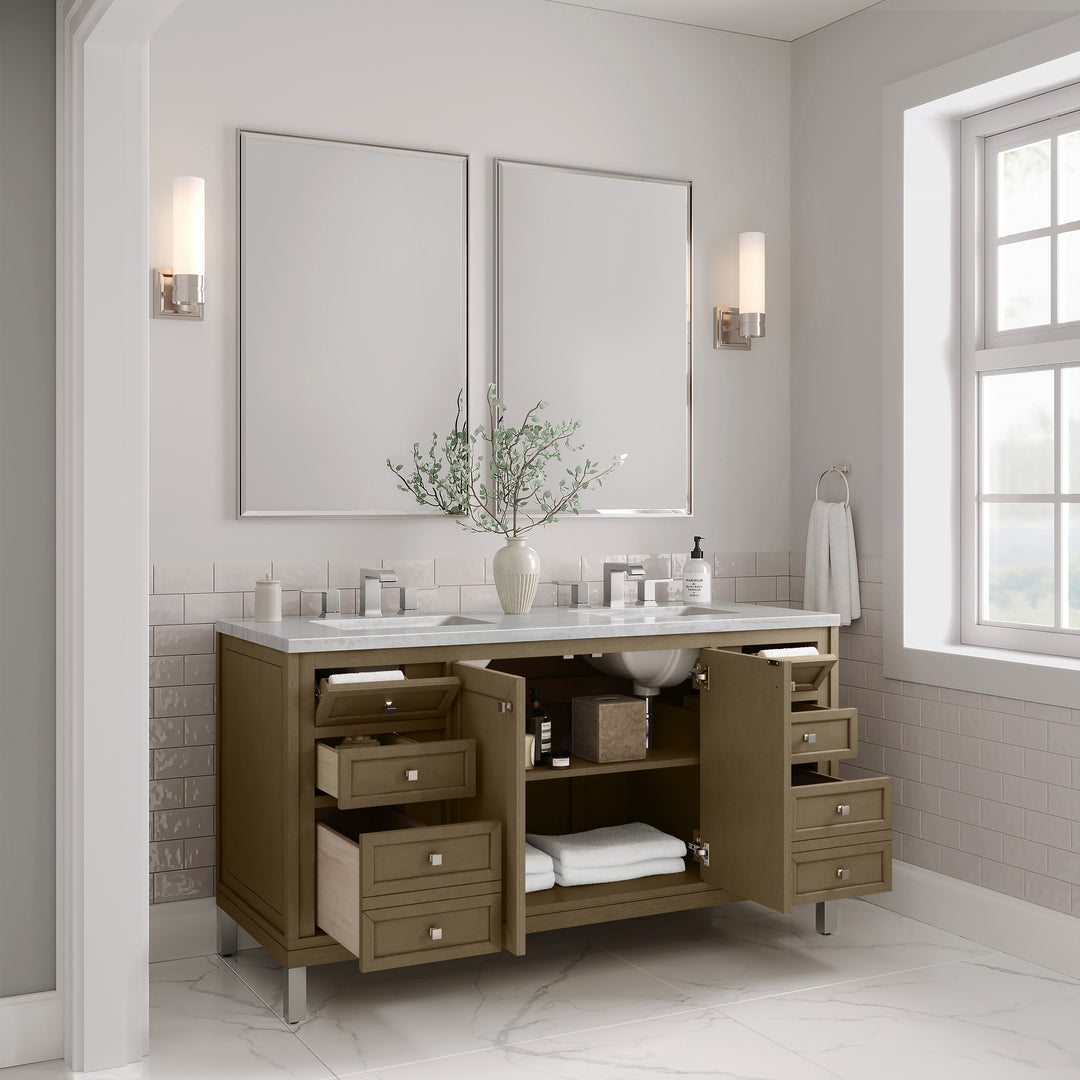 Chicago 60" Double Vanity, Walnut Whisper, w/ 3 CM Arctic Fall Solid Surface Top