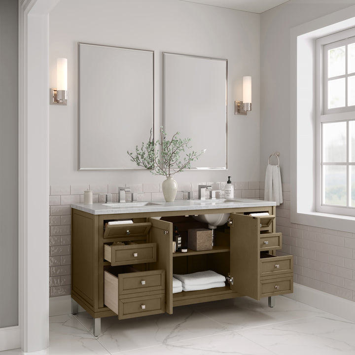 Chicago 60" Double Vanity, Walnut Whisper, w/ 3 CM Arctic Fall Solid Surface Top