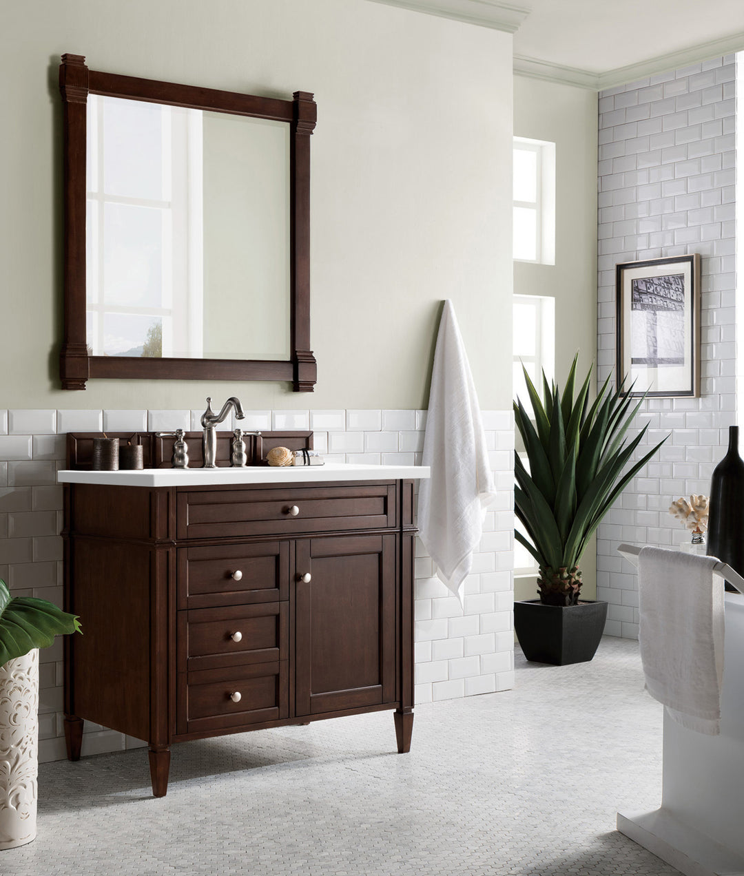 Brittany 36" Single Vanity, Burnished Mahogany w/ 3 CM White Zeus Silestone Top