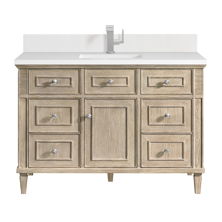 Lorelai 48" Single Vanity, Whitewashed Oak w/ Single Hole 3 CM White Zeus Silestone Top & Backsplash