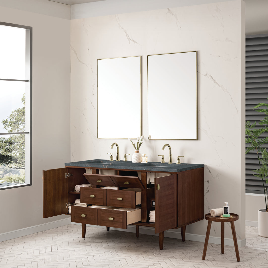 Amberly 60" Double Vanity, Mid-Century Walnut w/ 3 CM Parisien Bleu Top