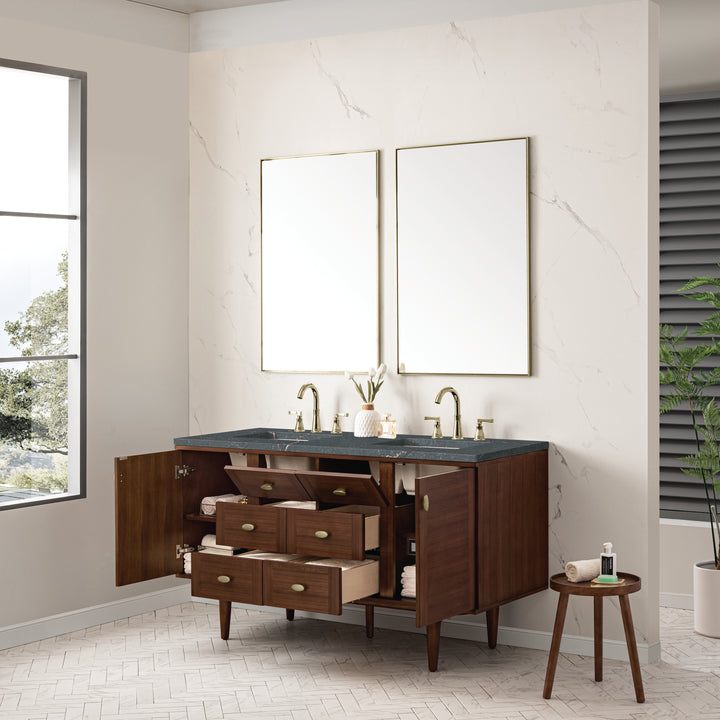 Amberly 60" Double Vanity, Mid-Century Walnut w/ 3 CM Parisien Bleu Top