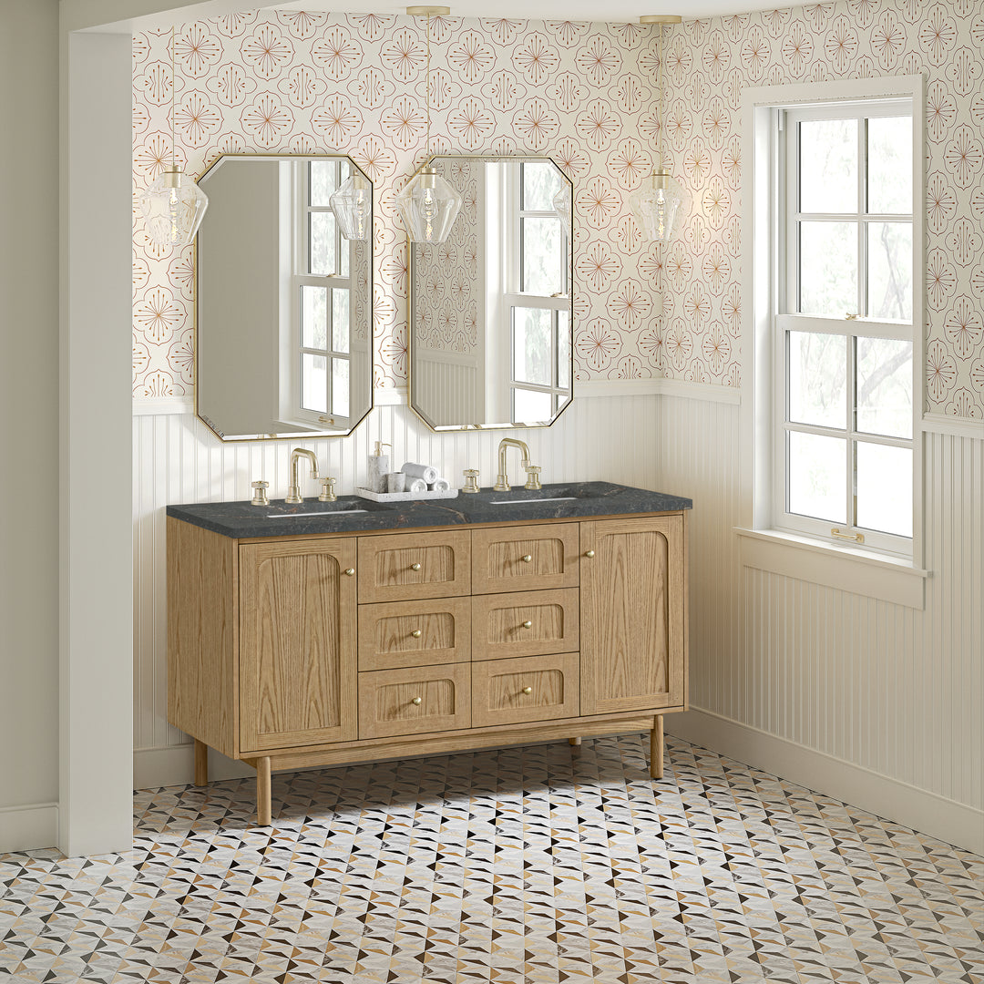 Laurent 60" Double Vanity, Light Natural Oak, w/ 3 CM Parisien Bleu Quartz Top w/FreePower Wireless Charger