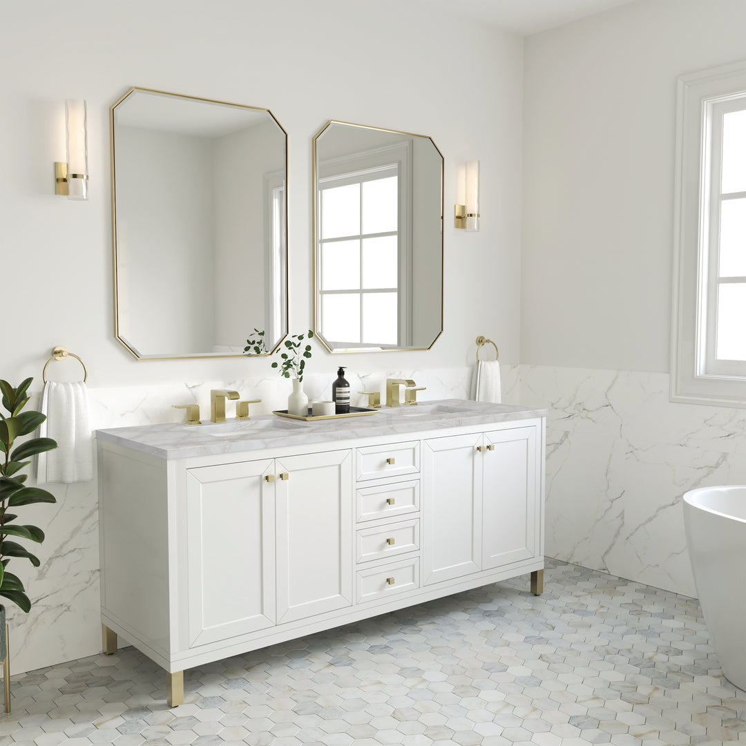 Chicago 72" Double Vanity, Glossy White, w/ 3 CM Victorian Silver Silestone® Top