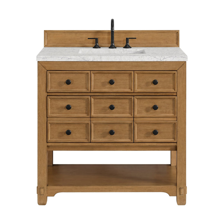 Malibu 36" Single Vanity, Amber Birch w/ 3 CM Eternal Jasmine Pearl Top