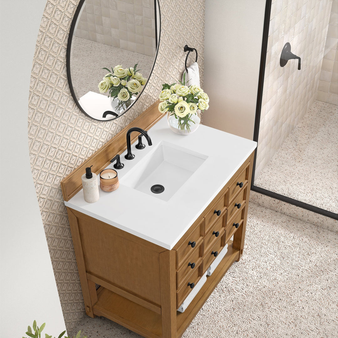 Malibu 36" Single Vanity, Amber Birch w/ 3 CM White Zeus Top