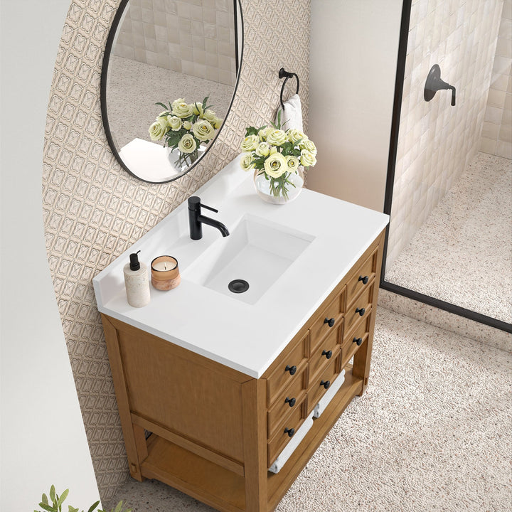 Malibu 36" Single Vanity, Amber Birch w/ Single Hole 3 CM White Zeus Top & Backsplash