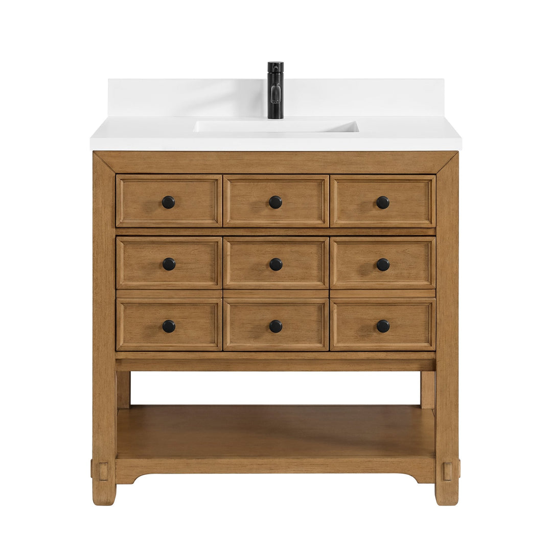 Malibu 36" Single Vanity, Amber Birch w/ Single Hole 3 CM White Zeus Top & Backsplash
