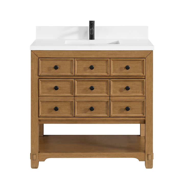 Malibu 36" Single Vanity, Amber Birch w/ Single Hole 3 CM White Zeus Top & Backsplash