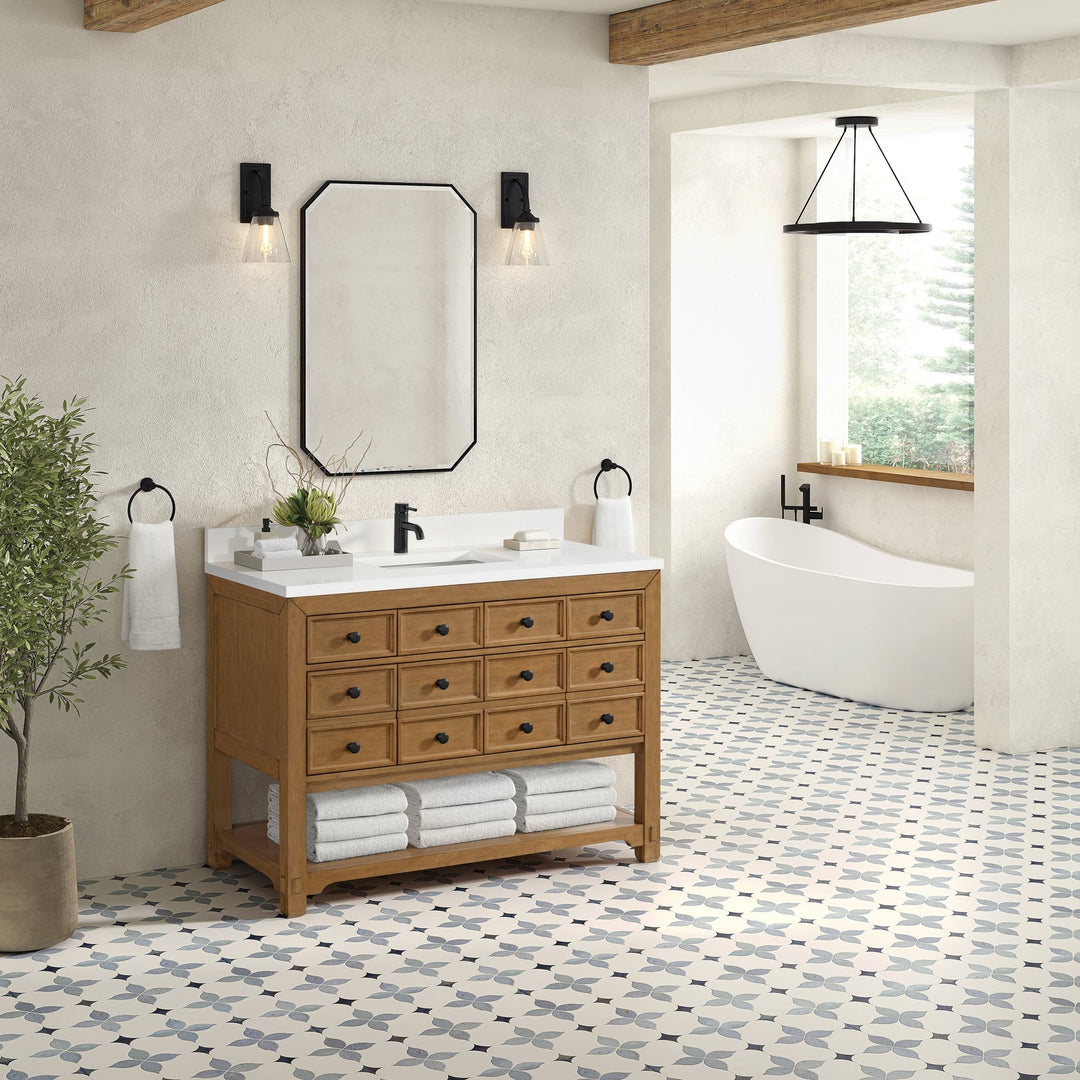 Malibu 48" Single Vanity, Amber Birch w/ Single Hole 3 CM White Zeus Silestone Top & Backsplash