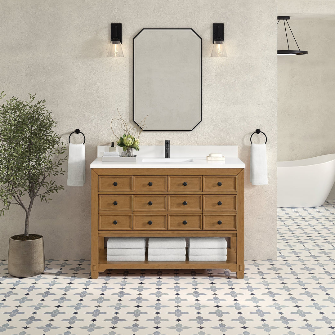 Malibu 48" Single Vanity, Amber Birch w/ Single Hole 3 CM White Zeus Silestone Top & Backsplash