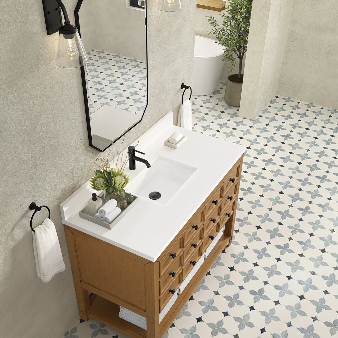 Malibu 48" Single Vanity, Amber Birch w/ Single Hole 3 CM White Zeus Silestone Top & Backsplash