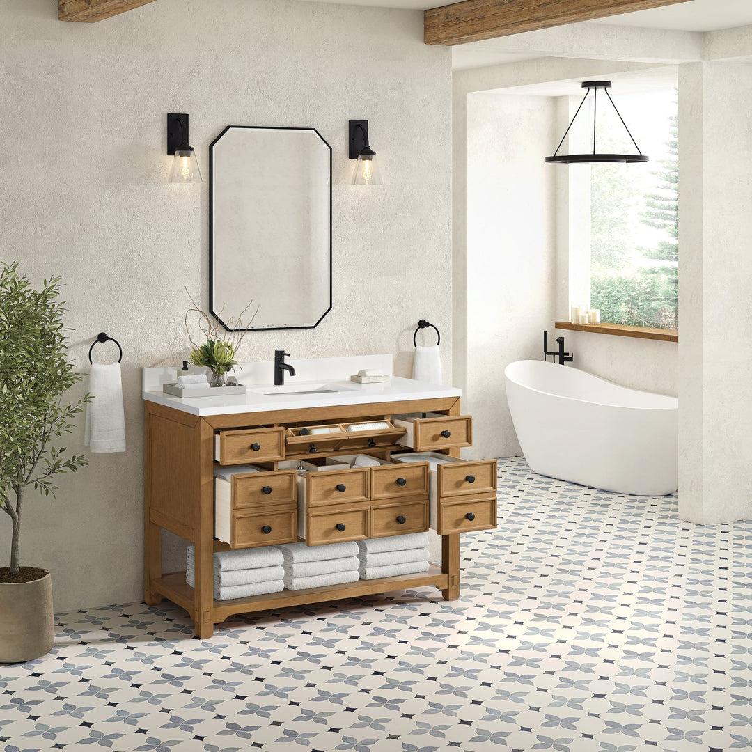 Malibu 48" Single Vanity, Amber Birch w/ Single Hole 3 CM White Zeus Silestone Top & Backsplash