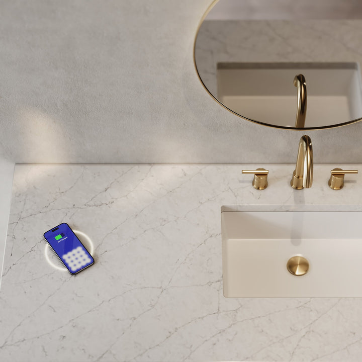 Malibu 60" Single Vanity, Amber Birch w/ 3 CM Eternal Jasmine Pearl Top w/ FreePower Wireless Charger