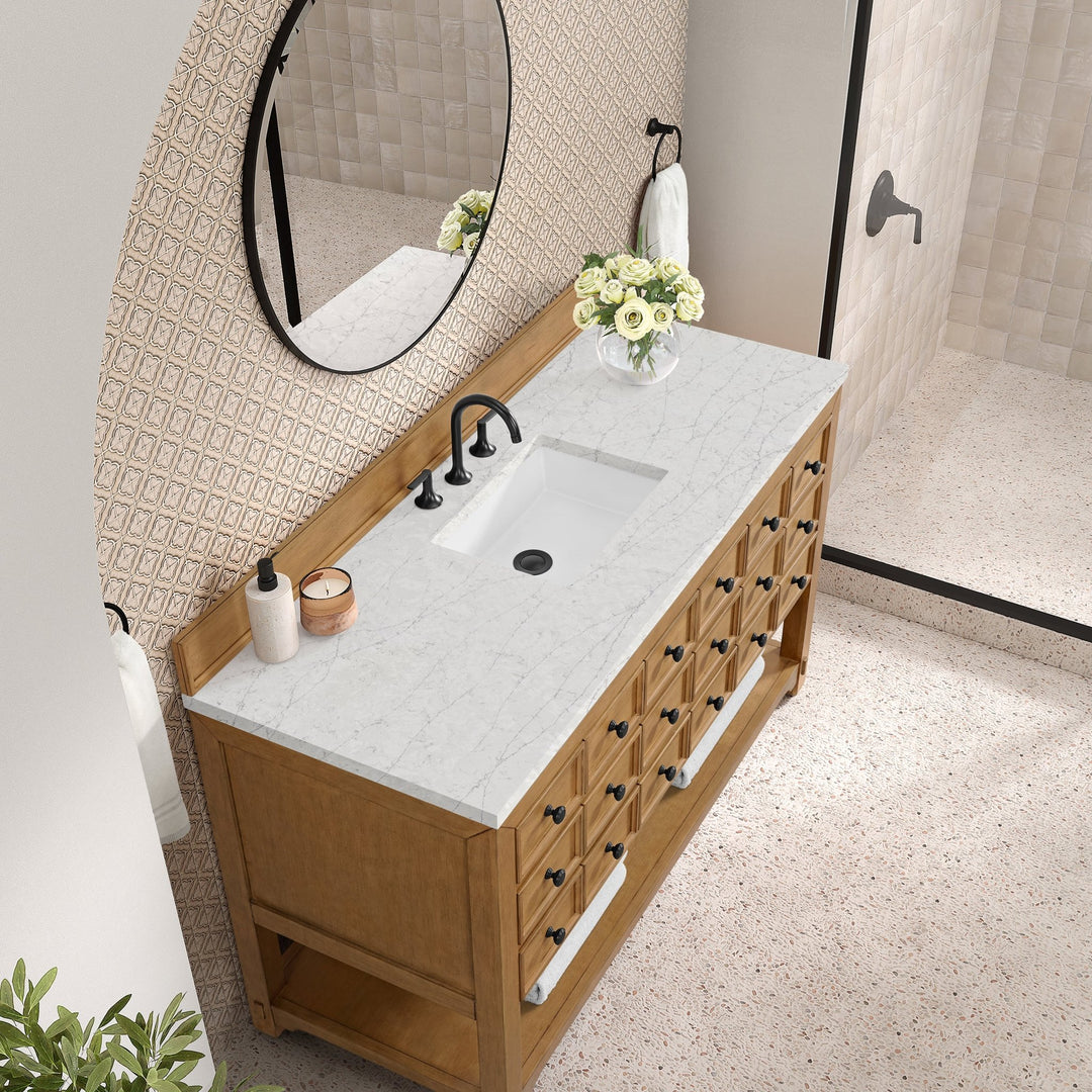 Malibu 60" Single Vanity, Amber Birch w/ 3 CM Eternal Jasmine Pearl Top w/ FreePower Wireless Charger