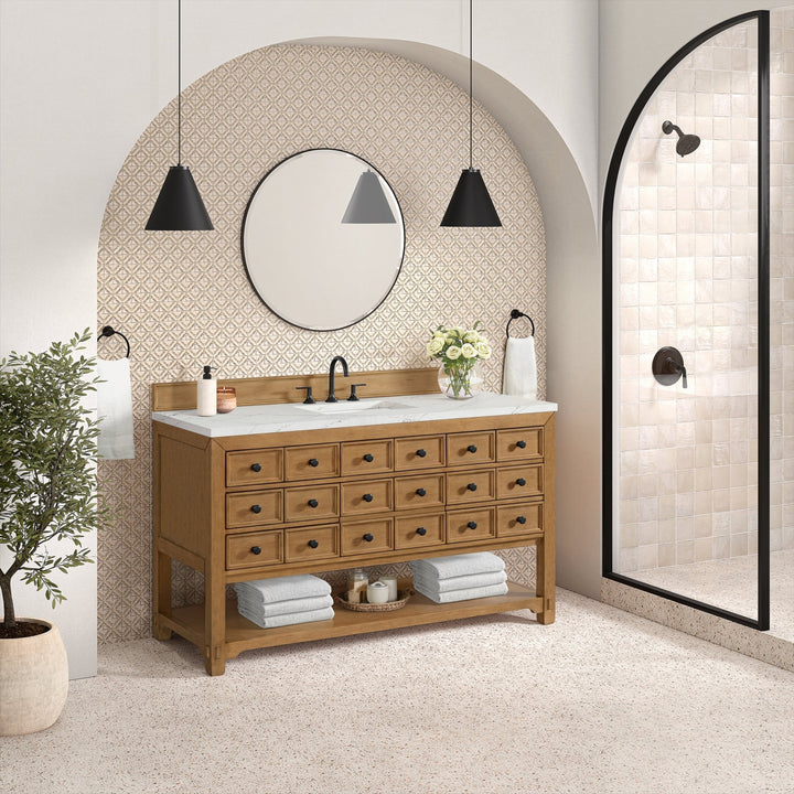 Malibu 60" Single Vanity, Amber Birch w/ 3 CM Ethereal Noctis Top w/ FreePower Wireless Charger