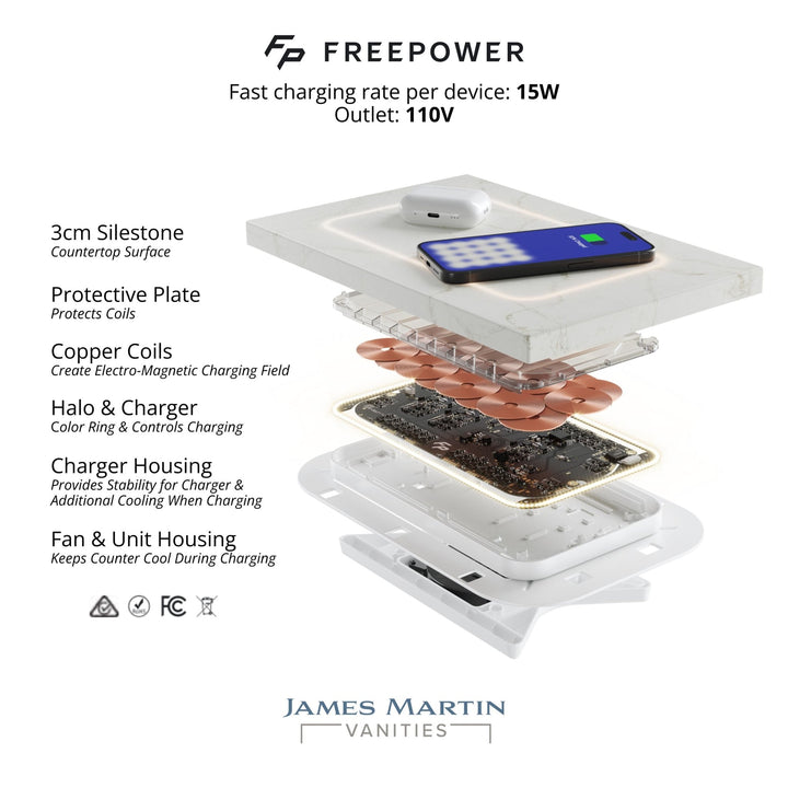 Malibu 60" Single Vanity, Amber Birch w/ 3 CM Parisien Bleu Top w/ FreePower Wireless Charger