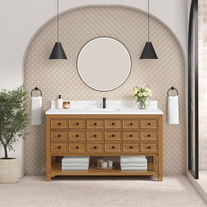 Malibu 60" Single Vanity, Amber Birch w/ Single Hole 3 CM White Zeus Top & Backsplash