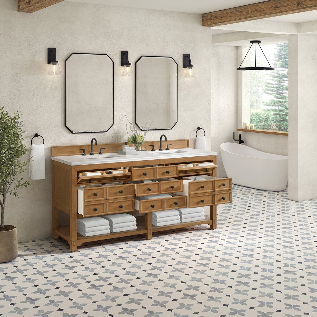 Malibu 72" Double Vanity, Amber Birch w/ 3 CM Arctic Fall Top