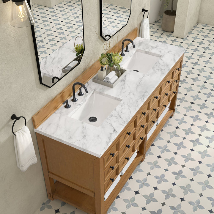 Malibu 72" Double Vanity, Amber Birch w/ 3 CM Carrara Marble Top