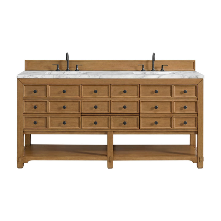 Malibu 72" Double Vanity, Amber Birch w/ 3 CM Carrara Marble Top