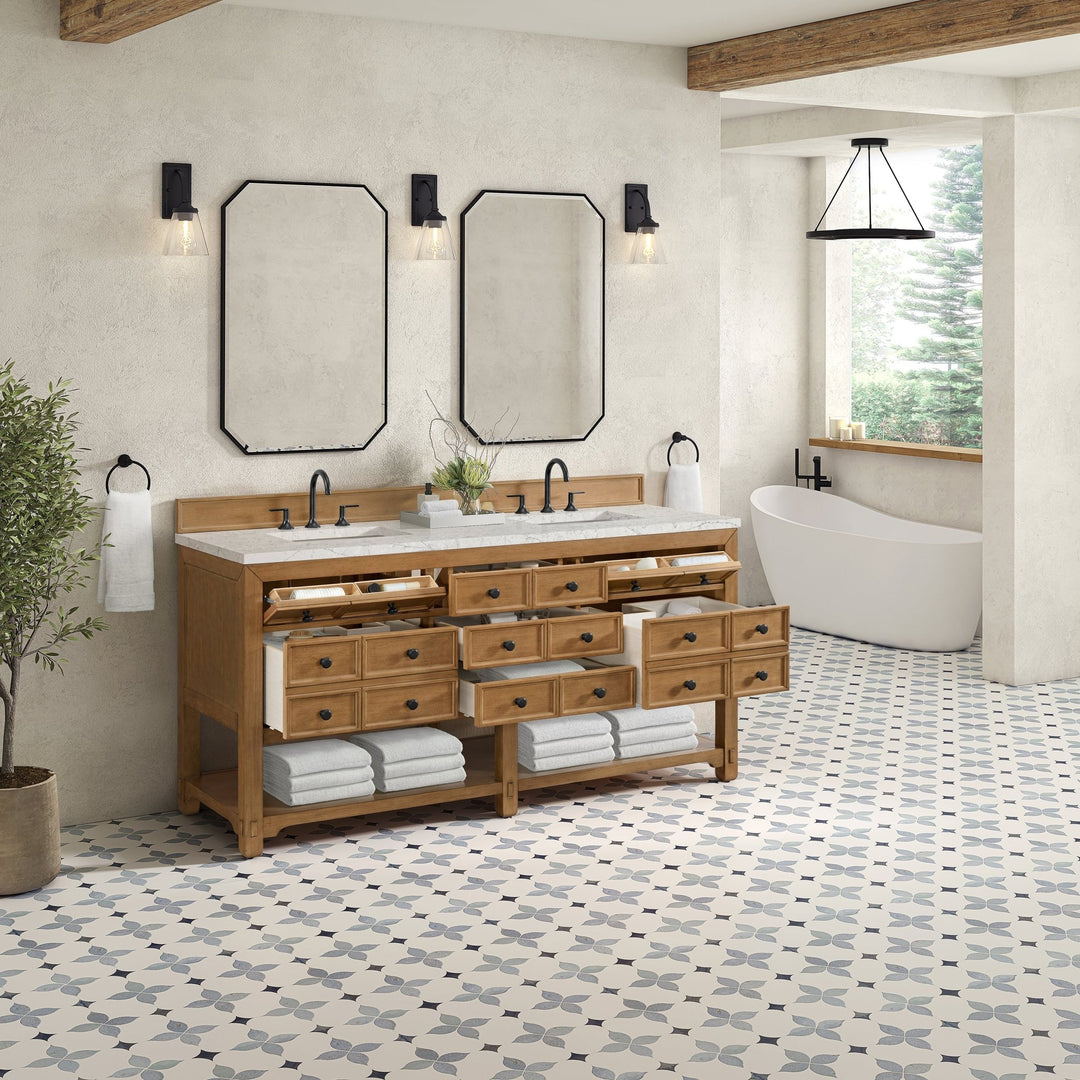 Malibu 72" Double Vanity, Amber Birch w/ 3 CM Eternal Jasmine Pearl Top