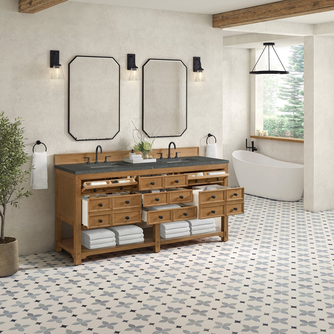 Malibu 72" Double Vanity, Amber Birch w/ 3 CM Parisien Bleu Top