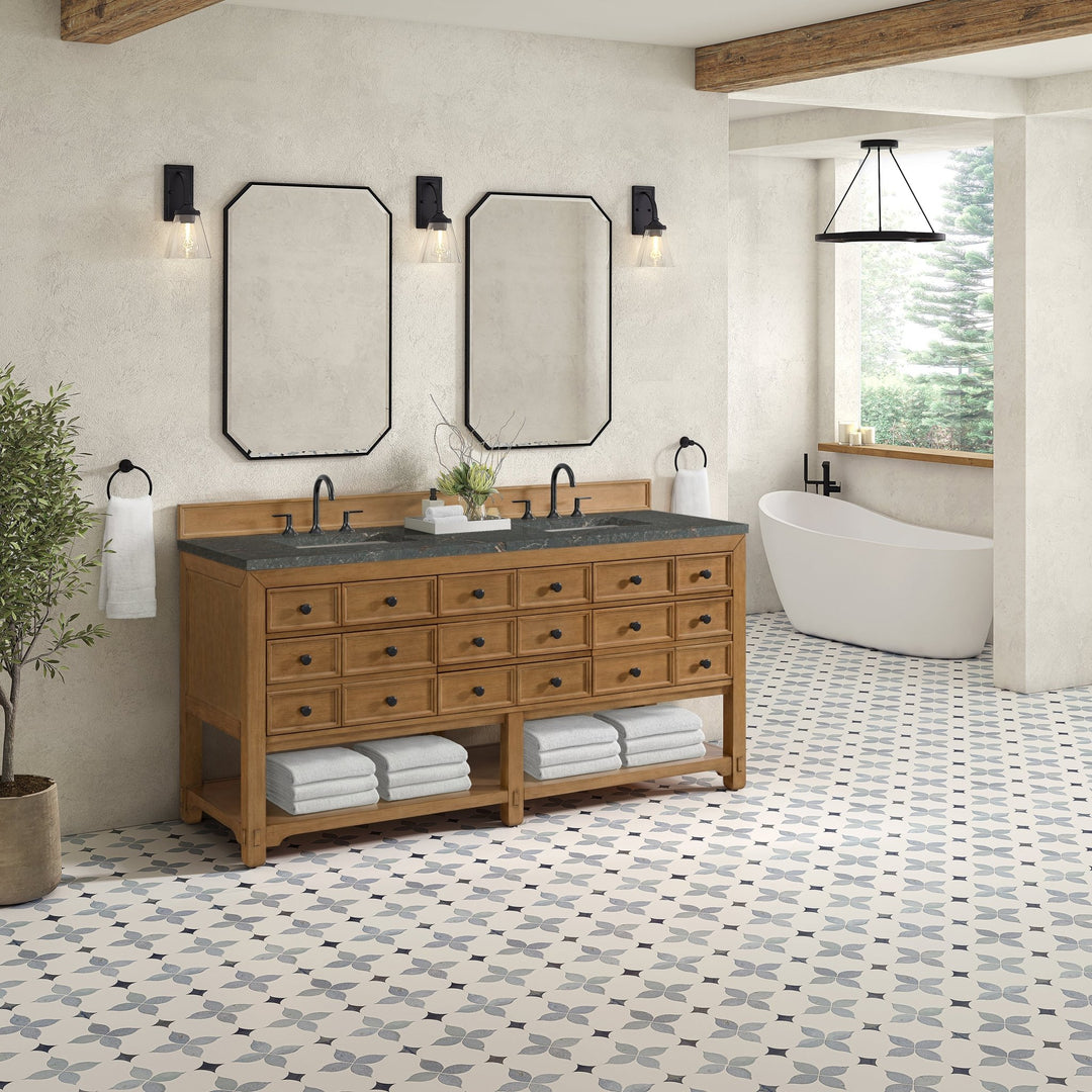 Malibu 72" Double Vanity, Amber Birch w/ 3 CM Parisien Bleu Top w/ FreePower Wireless Charger