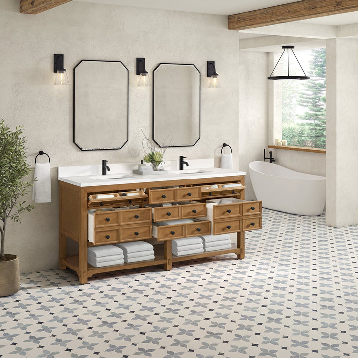 Malibu 72" Double Vanity, Amber Birch w/ Single Hole 3 CM White Zeus Top & Backsplash