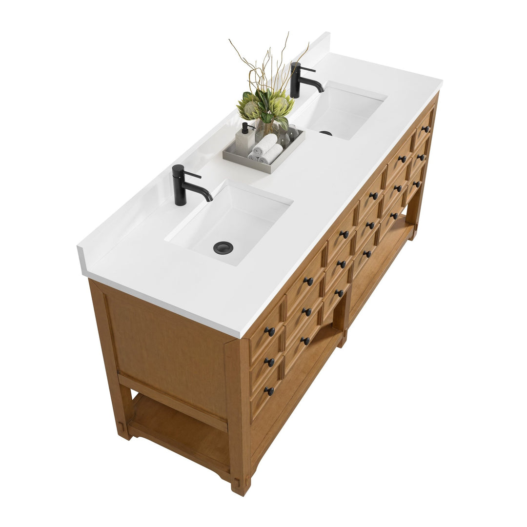 Malibu 72" Double Vanity, Amber Birch w/ Single Hole 3 CM White Zeus Top & Backsplash