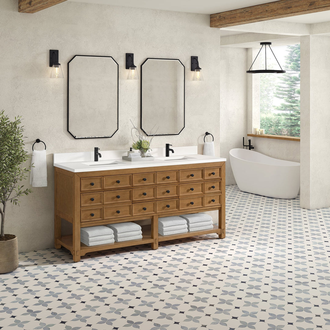 Malibu 72" Double Vanity, Amber Birch w/ Single Hole 3 CM White Zeus Top & Backsplash