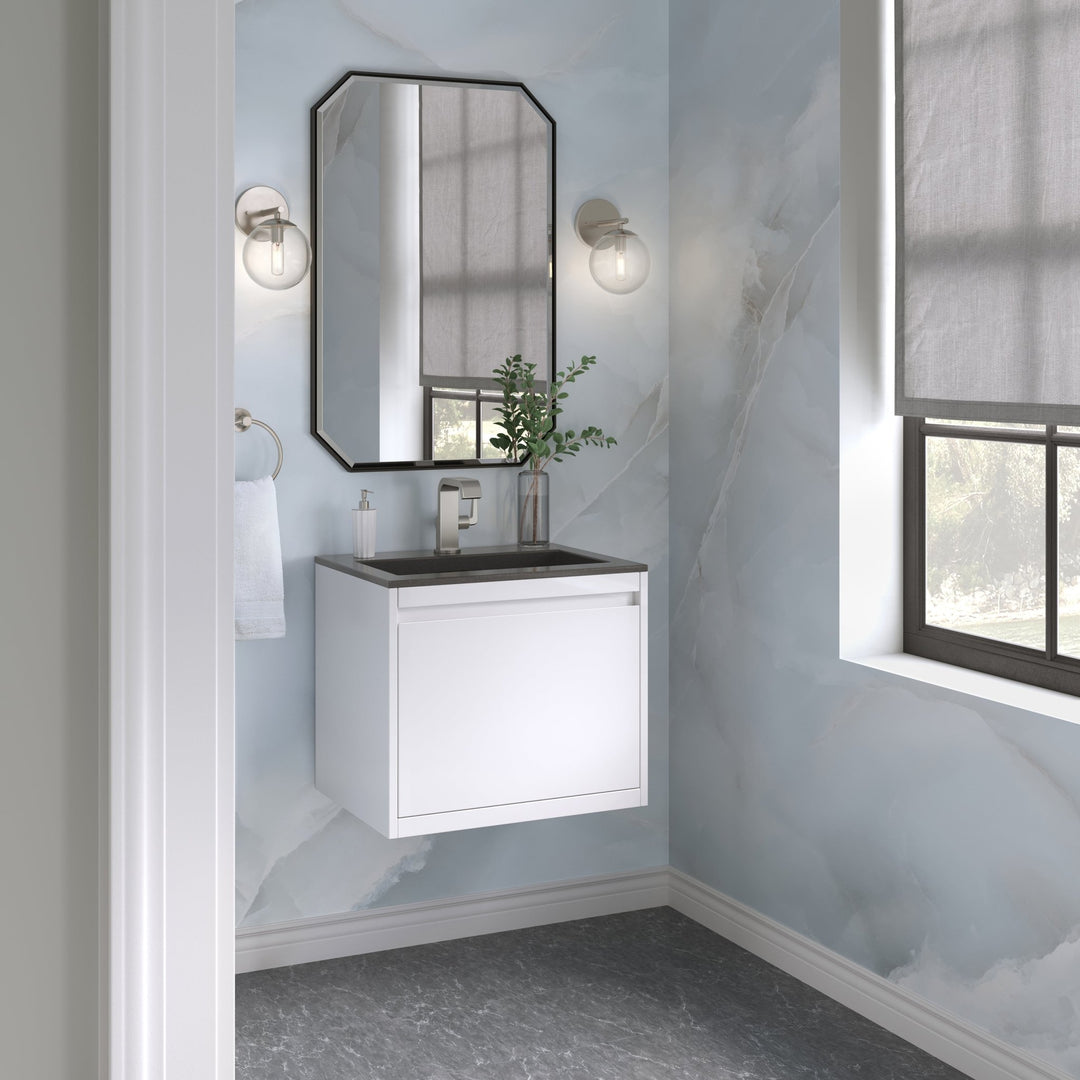 Mantova 23.6" Single Vanity, Glossy White, Brushed Nickel Base w/ Charcoal Black Composite Stone Top