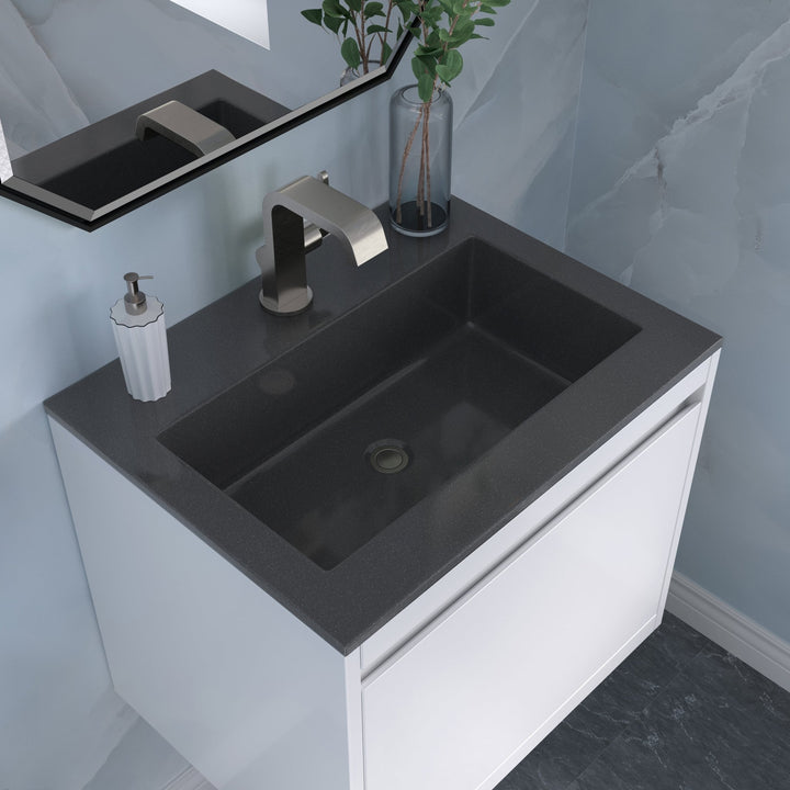 Mantova 23.6" Single Vanity, Glossy White, Brushed Nickel Base w/ Charcoal Black Composite Stone Top