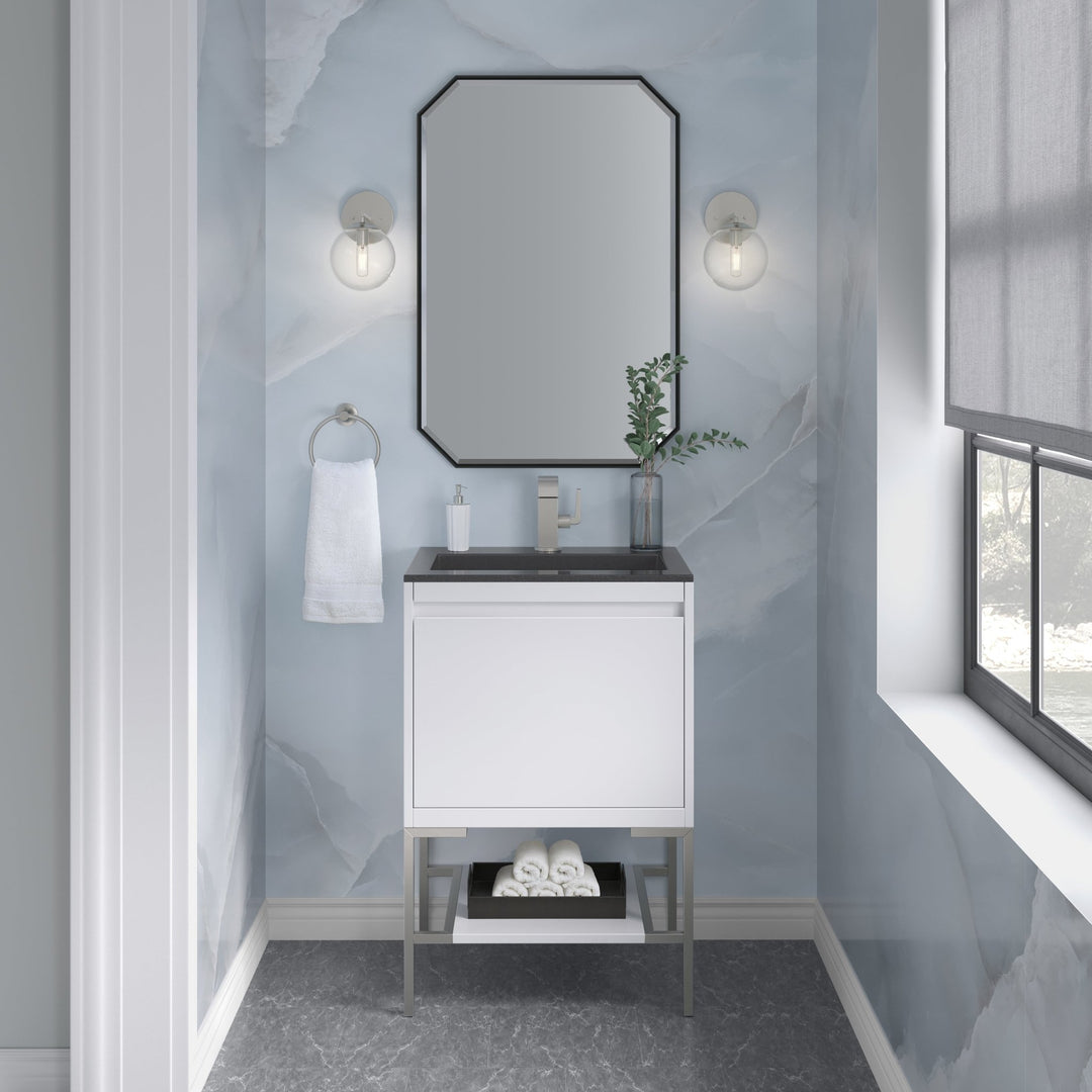 Mantova 23.6" Single Vanity, Glossy White, Brushed Nickel Base w/ Charcoal Black Composite Stone Top